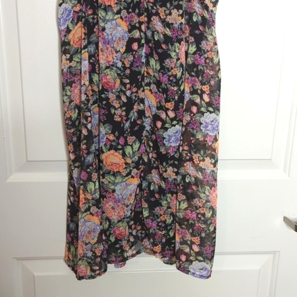 My Story Sleeveless Lined Dark Floral Halter Mini Dress Keyhole Front Back L - Picture 11 of 13